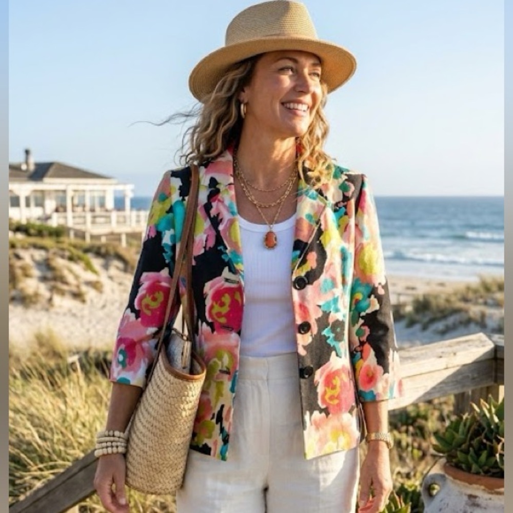 Molly & Maxx Women's Floral Blazer Jacket Coastal Chic Colorful 3/4 Sleeve